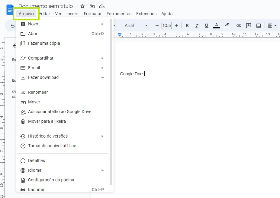 Clique em arquivo Google Docs